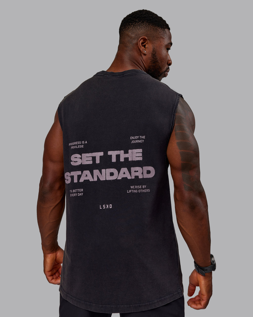 Man wearing Washed Set The Standard Heavyweight Tank - Black-Greyish Purple