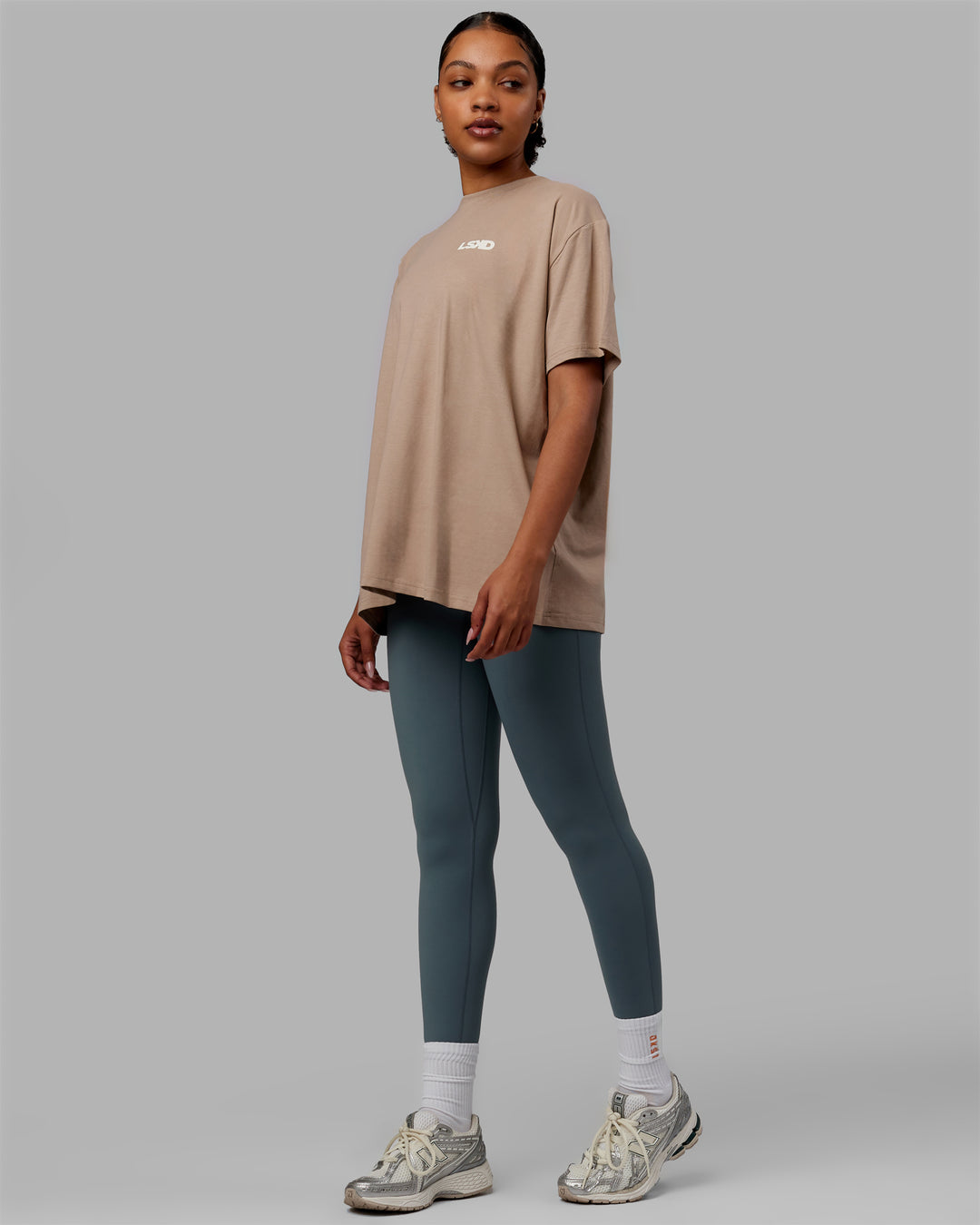 Woman wearing E.T.J FLXCotton Oversized Tee - Taupe-Arctic Blue