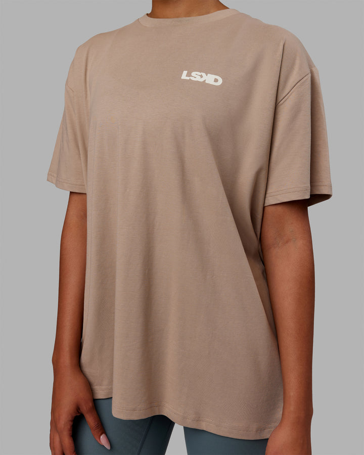 Woman wearing E.T.J FLXCotton Oversized Tee - Taupe-Arctic Blue
