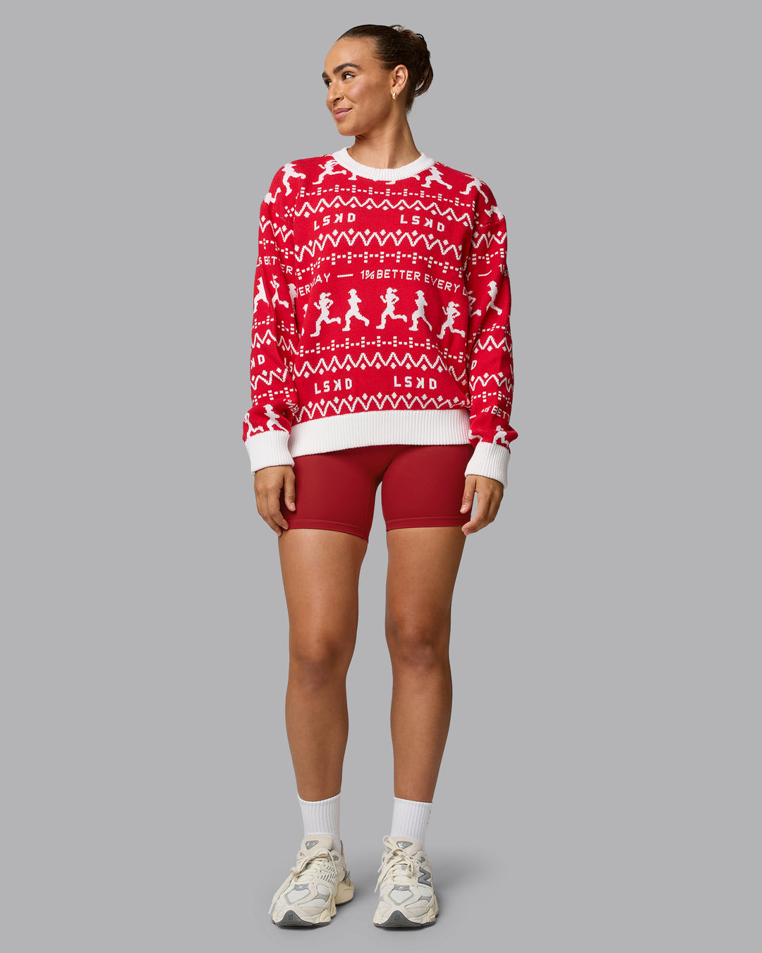 Woman wearing LSKD Christmas Knit Sweater - Cherry Red-Ivory