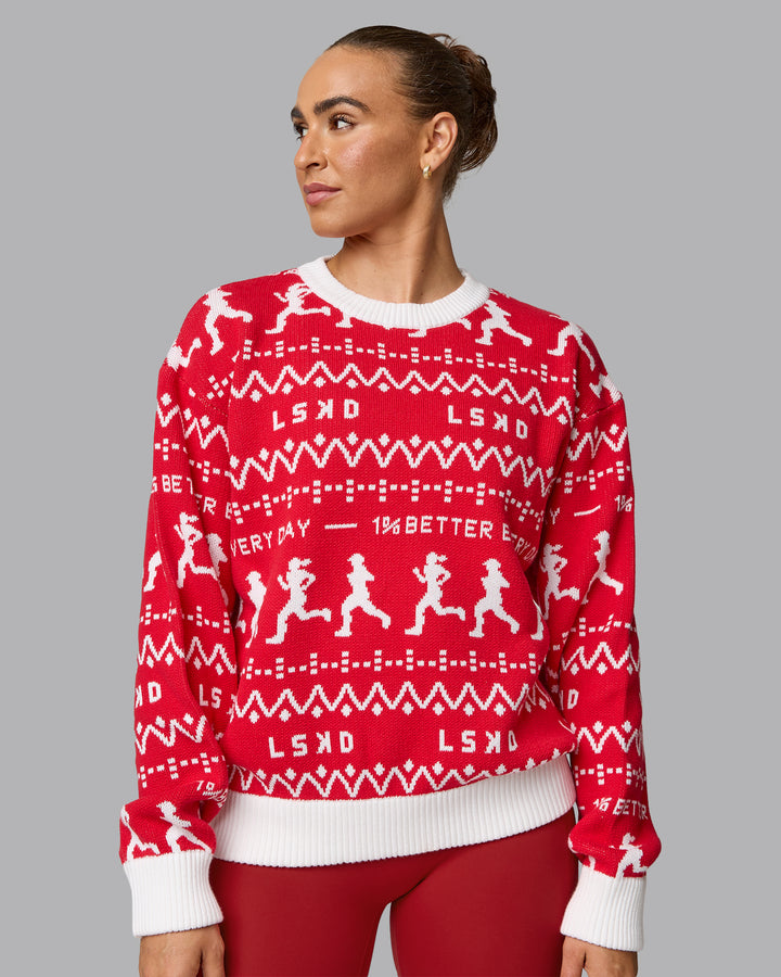 Woman wearing LSKD Christmas Knit Sweater - Cherry Red-Ivory
