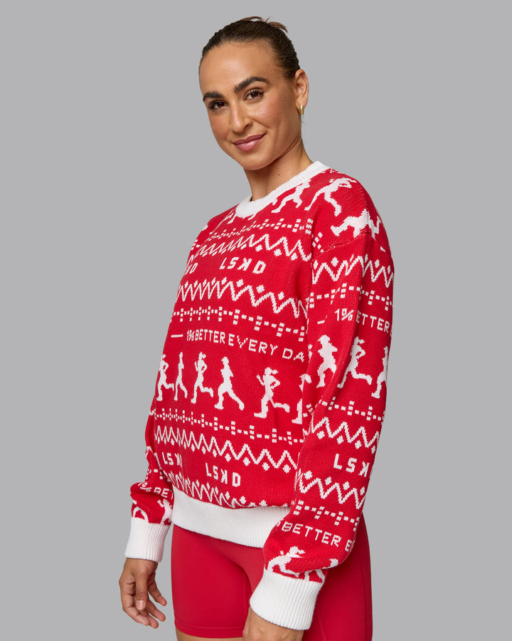 Woman wearing LSKD Christmas Knit Sweater - Cherry Red-Ivory
