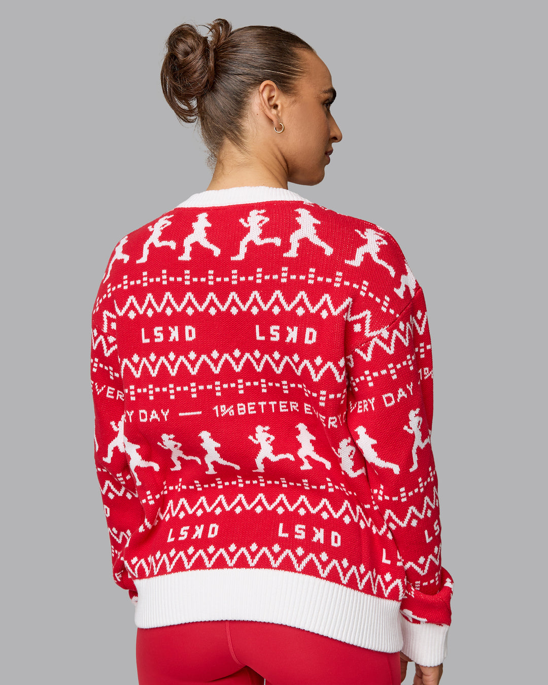 Woman wearing LSKD Christmas Knit Sweater - Cherry Red-Ivory