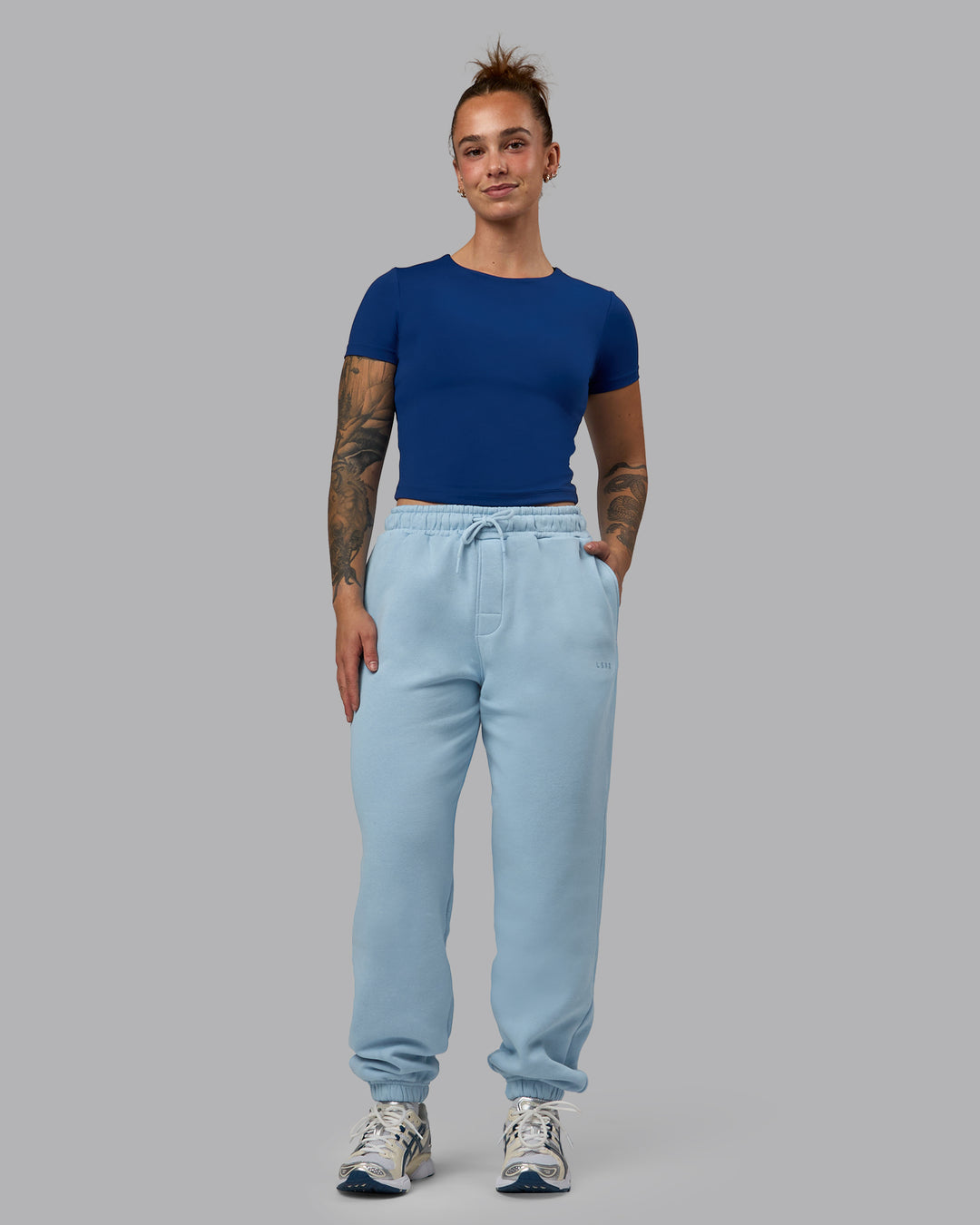 Woman wearing MVP Track Pants - Glacial Blue