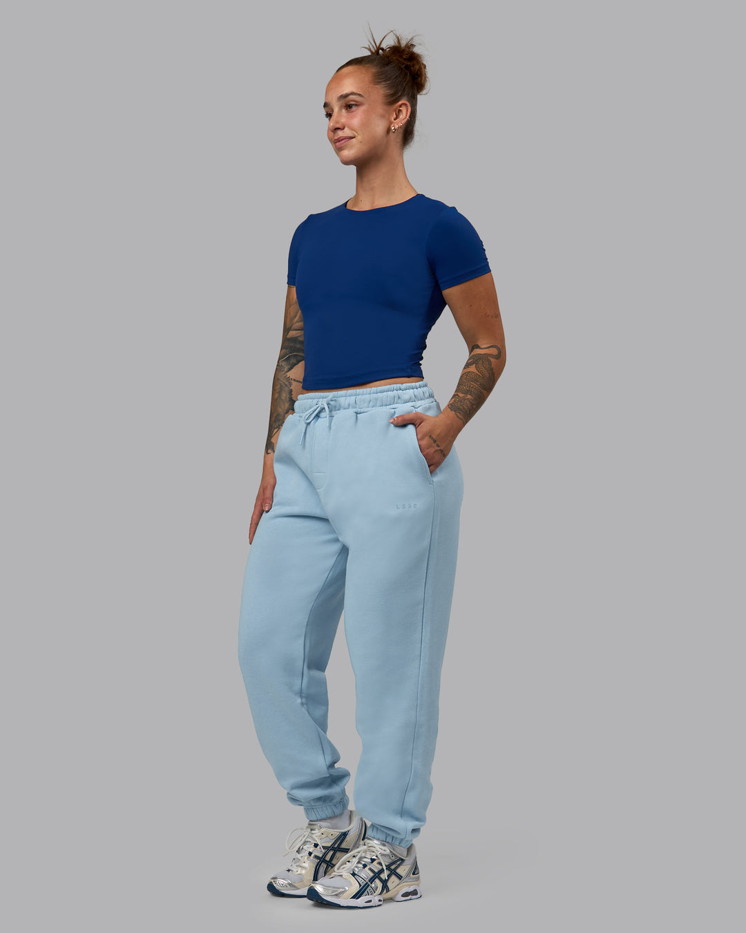 Woman wearing MVP Track Pants - Glacial Blue