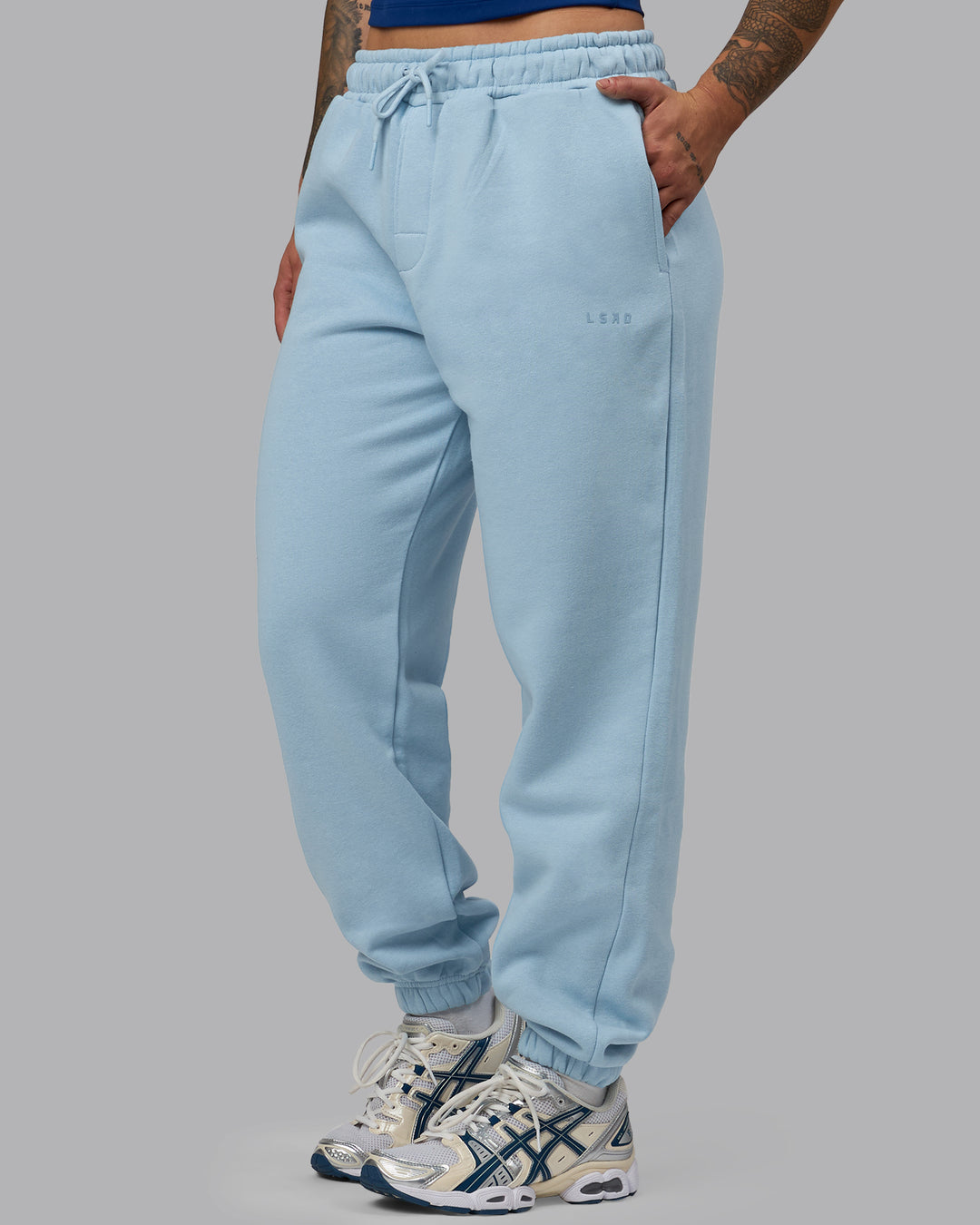 Woman wearing MVP Track Pants - Glacial Blue