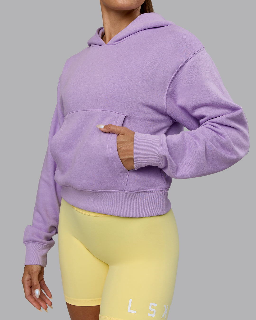 Woman wearing Set The Standard Midweight Hoodie - Pale Lilac-Elfin Yellow