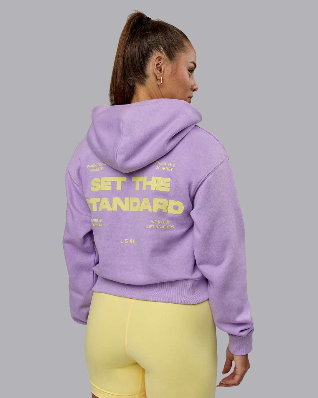 Woman wearing Set The Standard Midweight Hoodie - Pale Lilac-Elfin Yellow