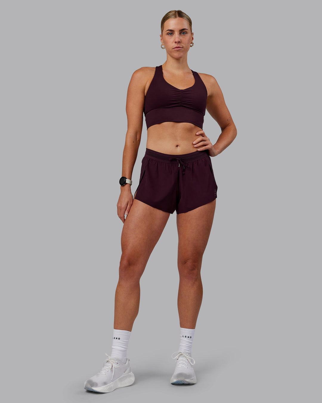 Woman wearing Accelerate 3&quot; Run Shorts - Mulberry