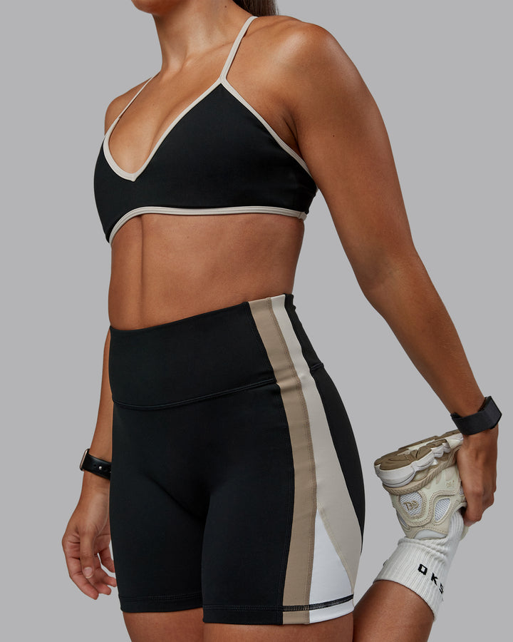 Woman wearing Ambience Sports Bra - Black-Multi | Model:Tylah | Size:S
