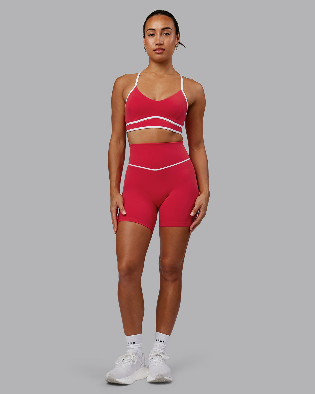 Woman wearing Contrast Mid Short Tights - Scarlet-White