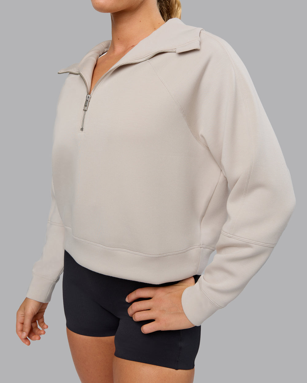 Woman wearing Elevate SoftTouch 1/2 Zip Sweater in Shale Beige | Size:S