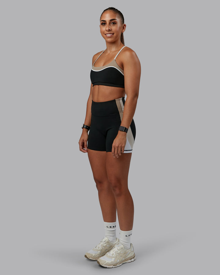 Woman wearing Embrace Sports Bra - Black-Multi| Model:Tylah | Size:S
