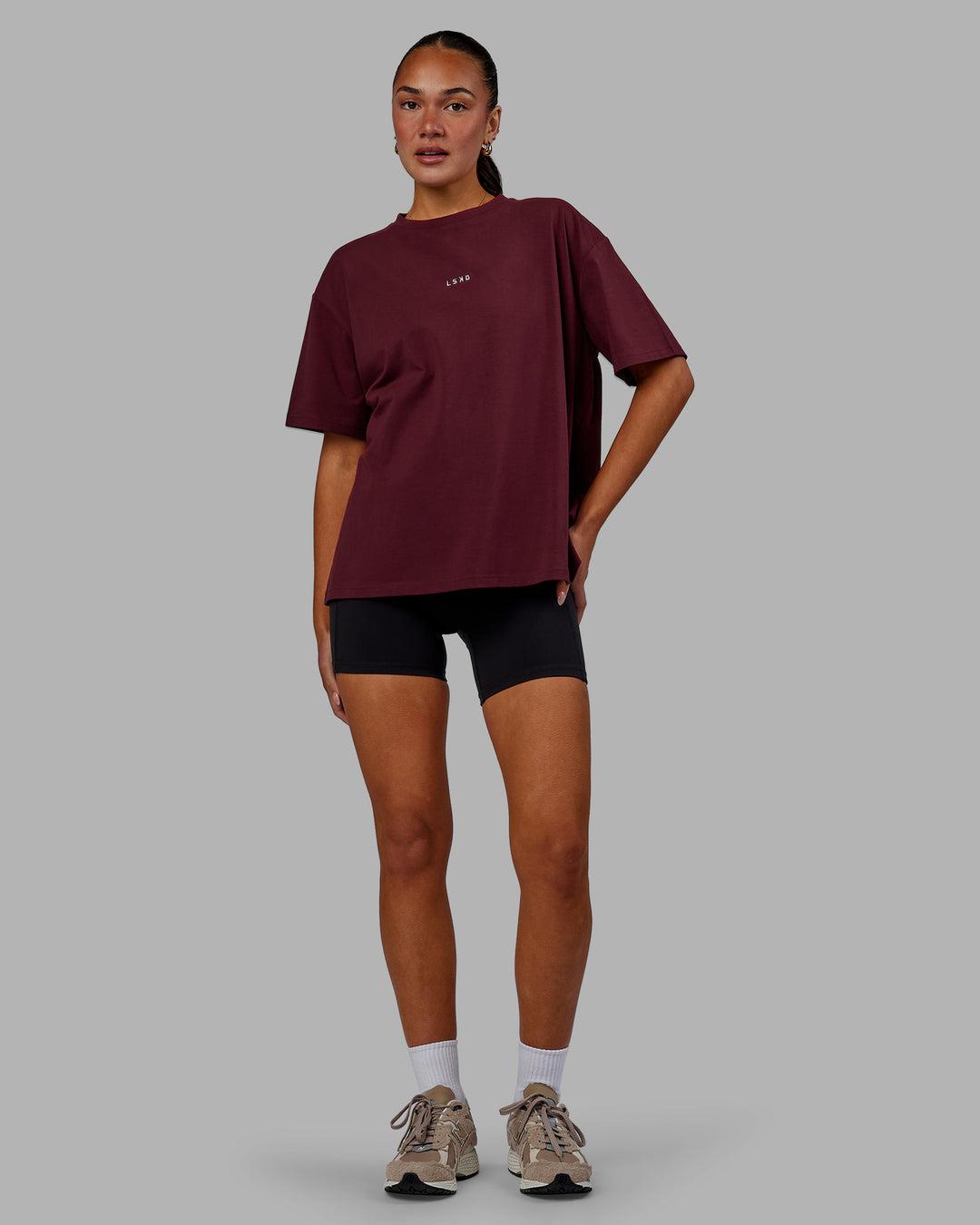 Woman wearing Go-To FLXCotton Oversized Tee - Dark Cherry