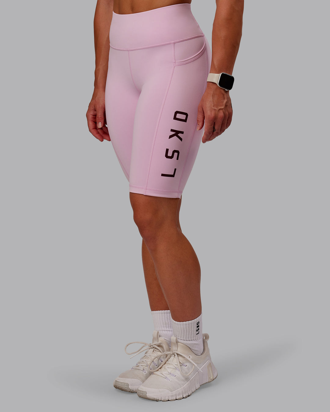 Woman wearing Rep Bike Shorts - Marshmallow-Cherry Lacquer