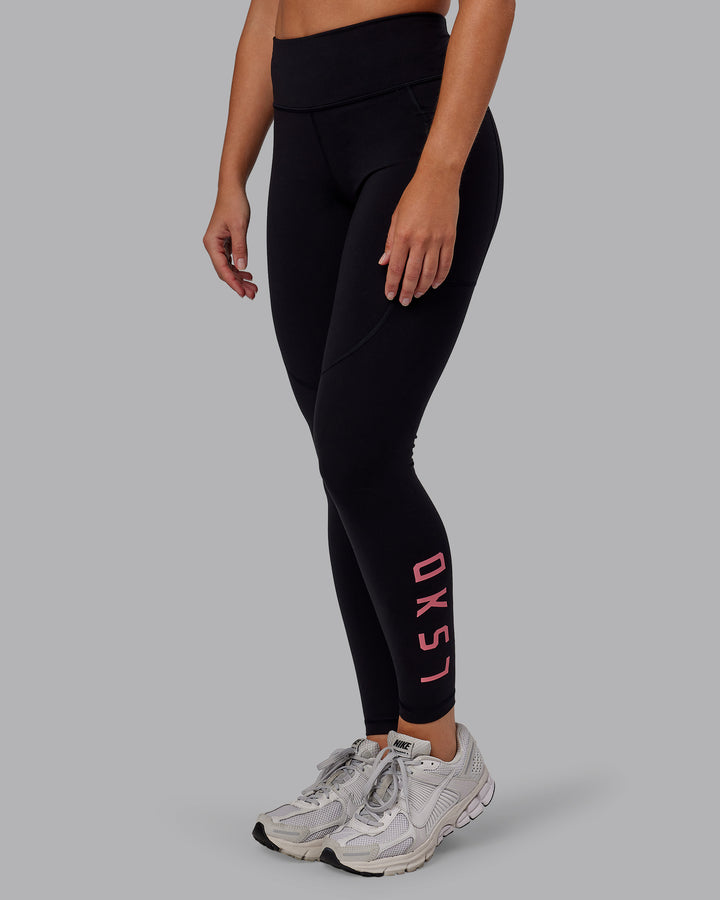 Woman wearing Rep Full Length Tight - Black-Pink Lemonade | Model:Hannah | Size:S
