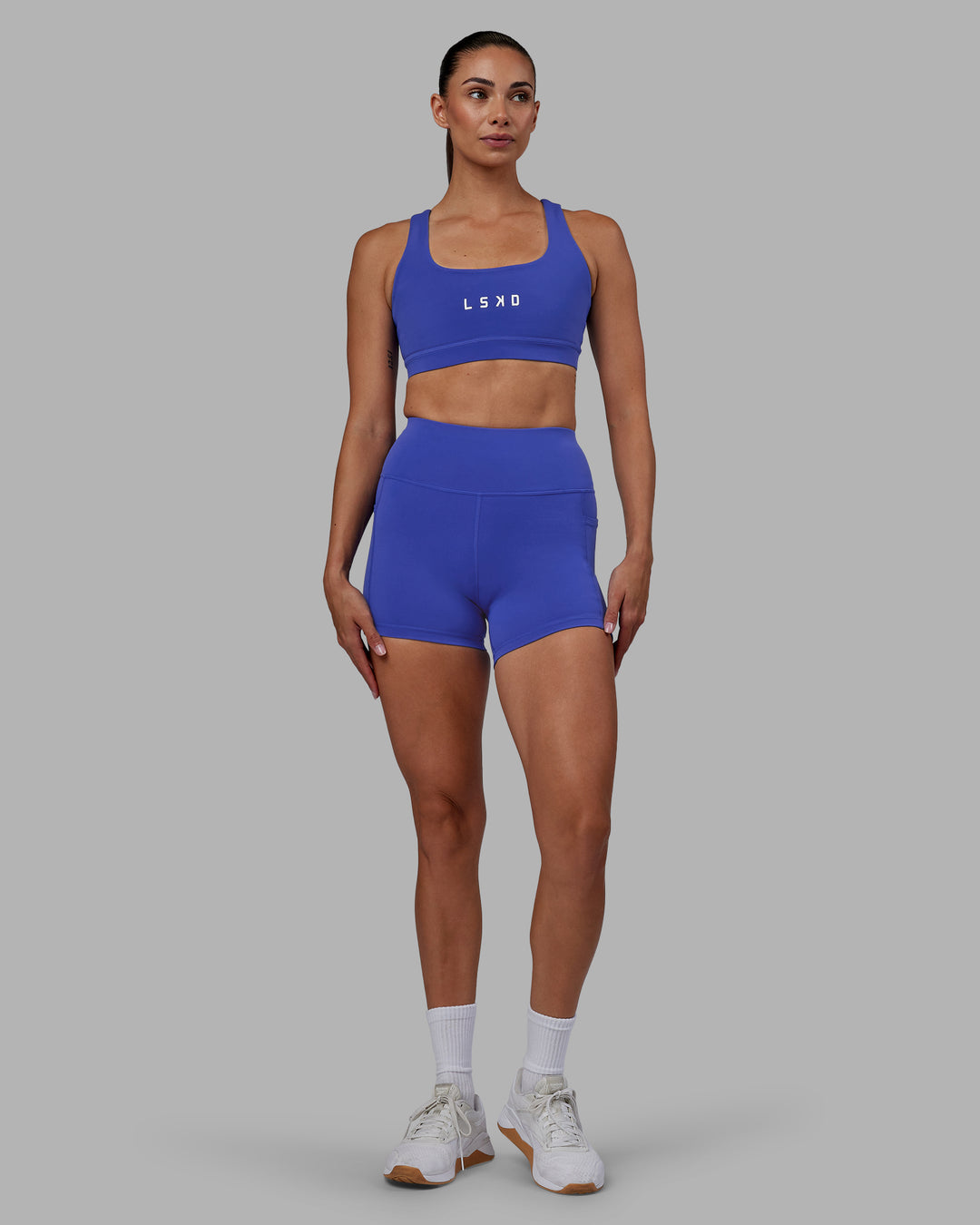 Women Wearing Rep Sports Bra - Power Cobalt-White