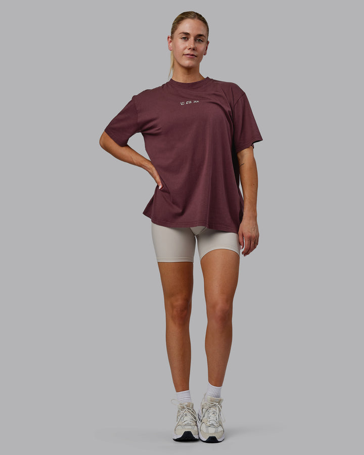 Woman wearing Sara I Can Shall &amp; Will Oversized Washed Tee - Bordeaux-Shale Beige
