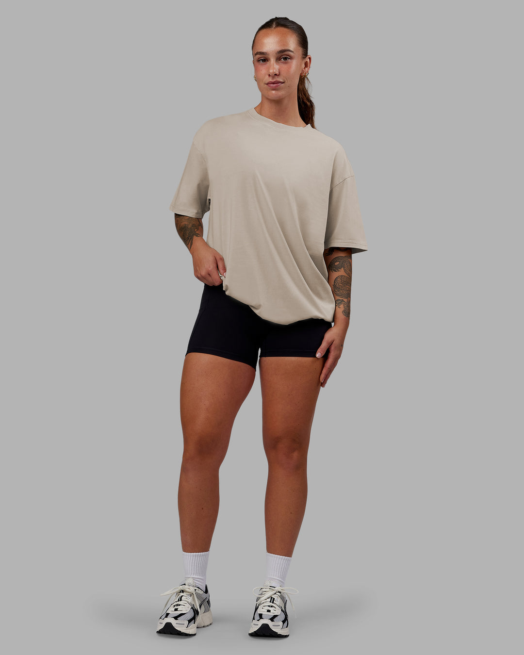 Woman wearing Set The Standard Washed FLXCotton Oversized Tee - Shale Beige | Size:S