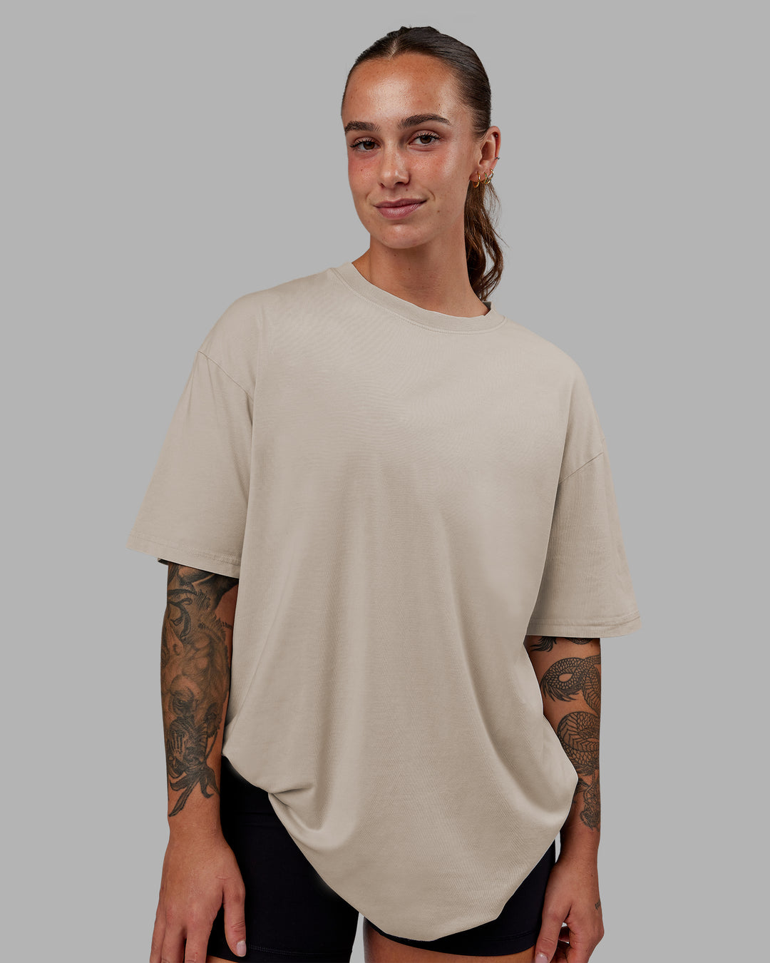 Woman wearing Set The Standard Washed FLXCotton Oversized Tee - Shale Beige | Size:S