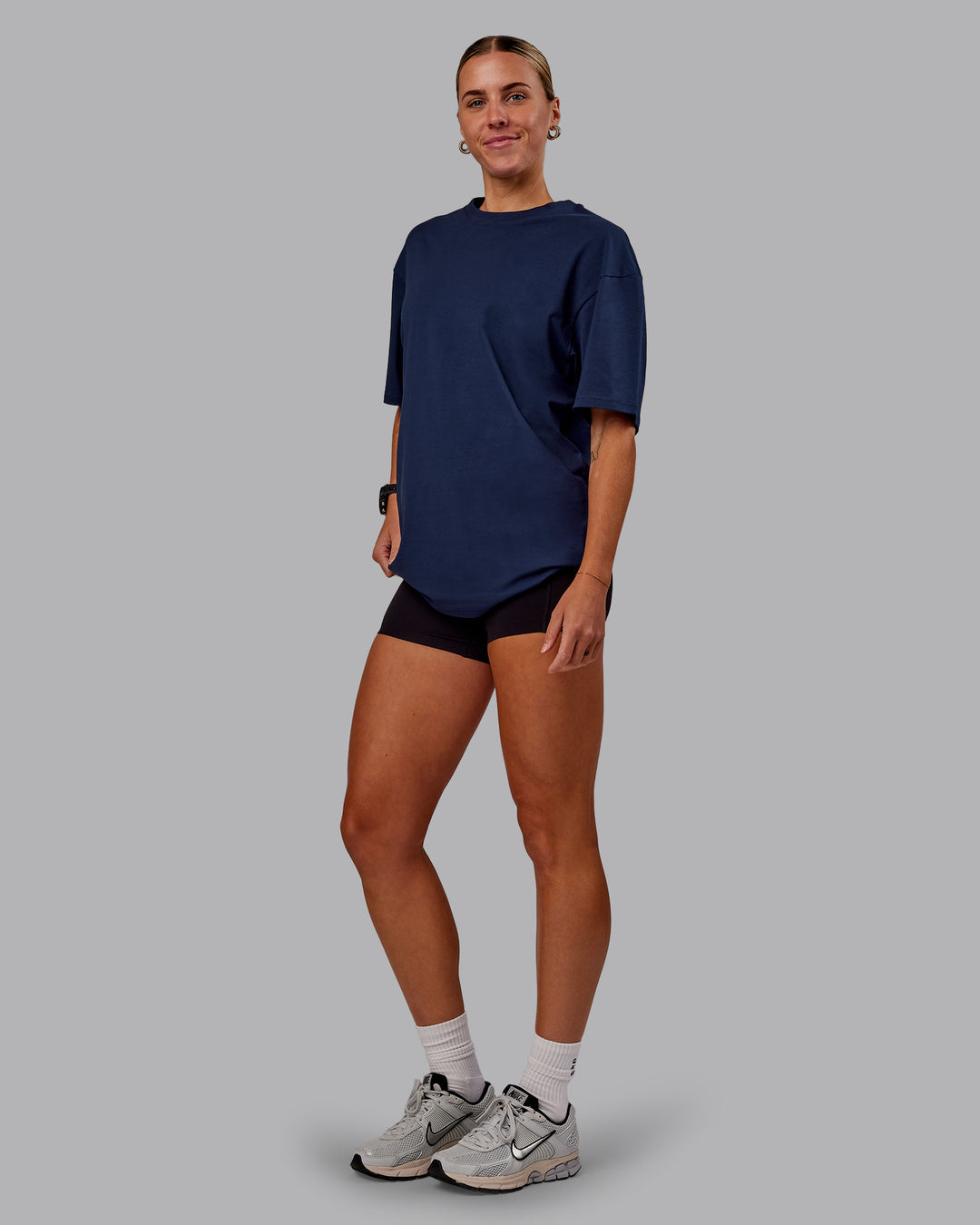 Woman wearing Variation FLXCotton Oversized Tee in Future Navy-Light Navy | Size:S