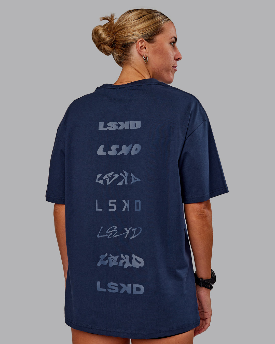 Woman wearing Variation FLXCotton Oversized Tee in Future Navy-Light Navy | Size:S