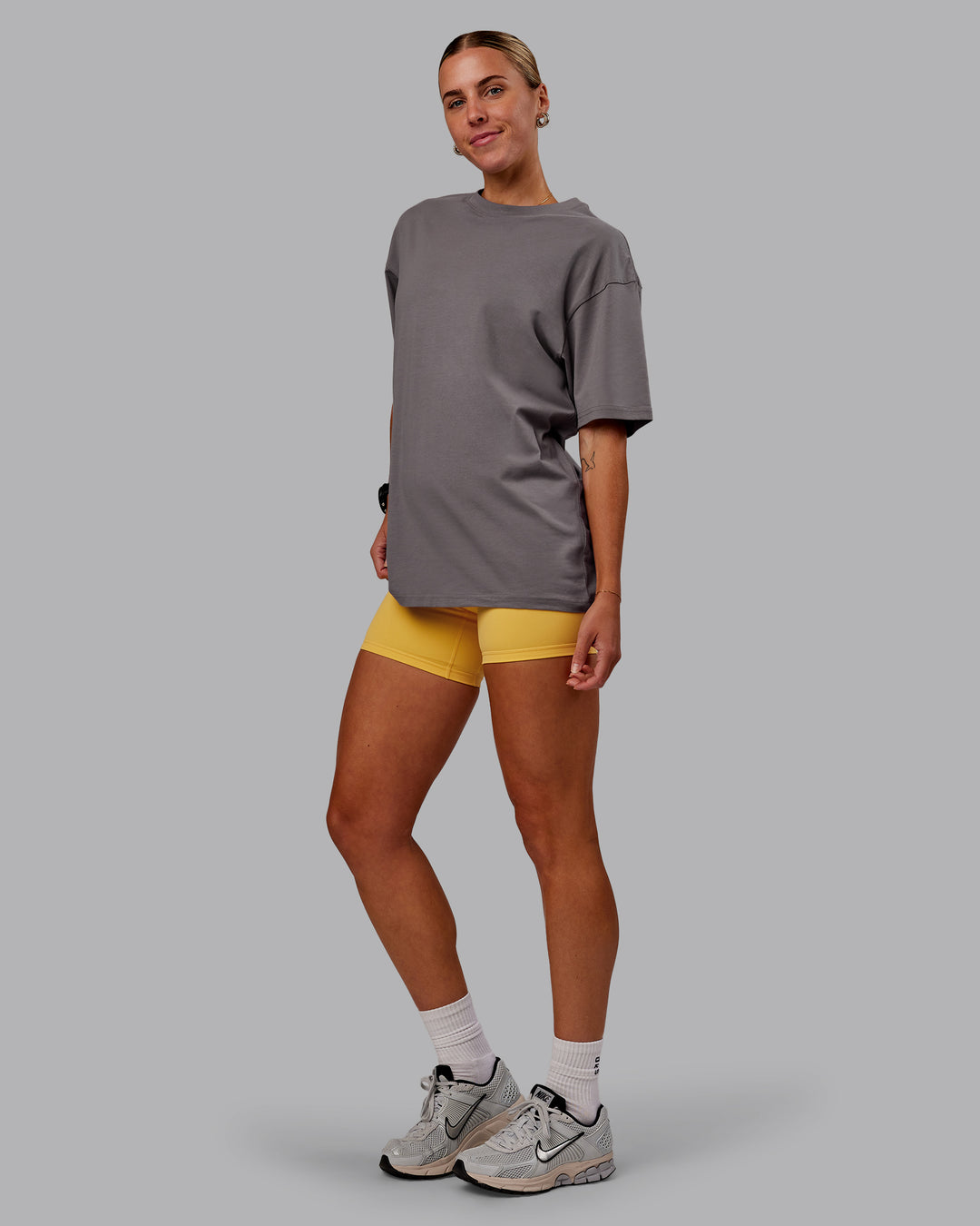 Woman wearing Variation FLXCotton Oversized Tee in Storm Front-Pale Banana | Size:S