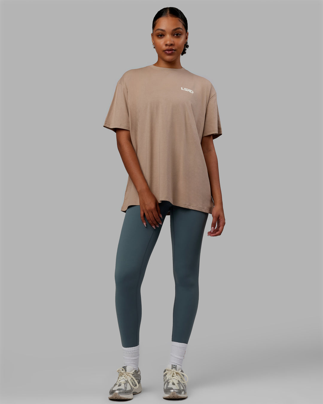 Woman wearing E.T.J FLXCotton Oversized Tee - Taupe-Arctic Blue