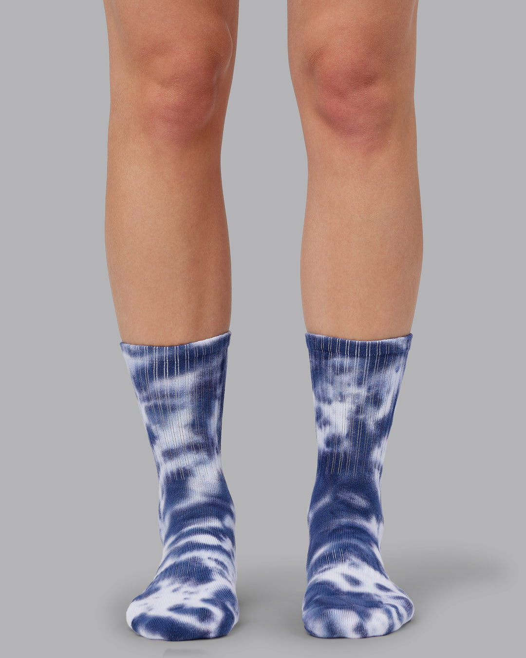 Woman wearing Signal Crew Pilates Grip Socks - Indigo Tie Dye