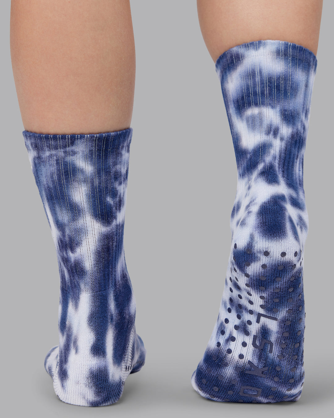 Woman wearing Signal Crew Pilates Grip Socks - Indigo Tie Dye