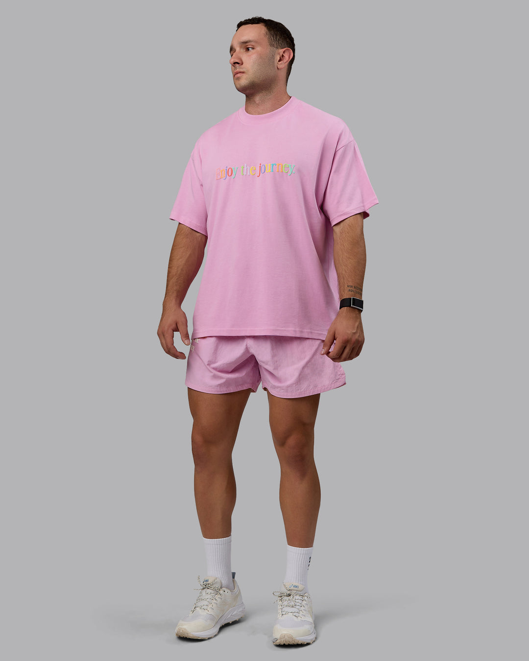 Man wearing Enjoy The Journey 5&quot; Shorts - Bubblegum