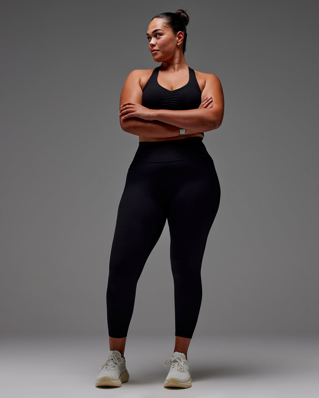 Woman wearing Fusion 7/8 Length Tight With Pockets in Black | Model:Aimee | Size:XL