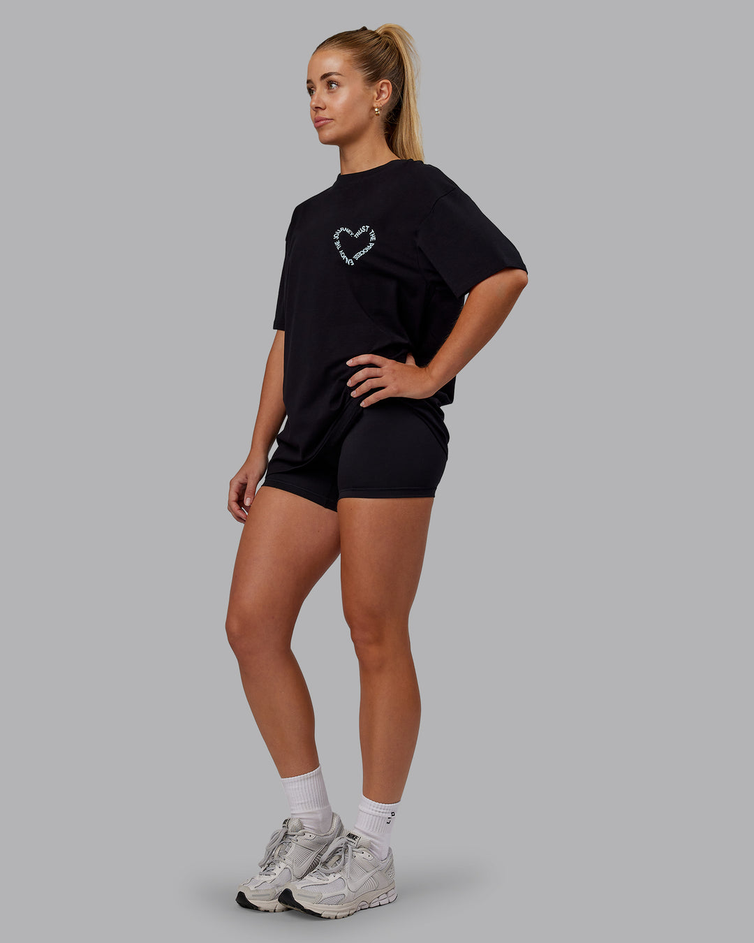 Woman wearing Love The Process FLXCotton Oversize Tee - Black-Skyride | Size:XS | Model:Hannah