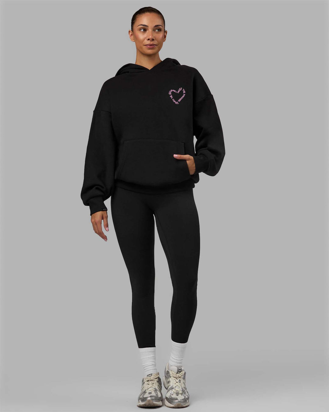 Woman wearing Unisex Love The Process Oversize Hoodie - Black-Bubble Gum